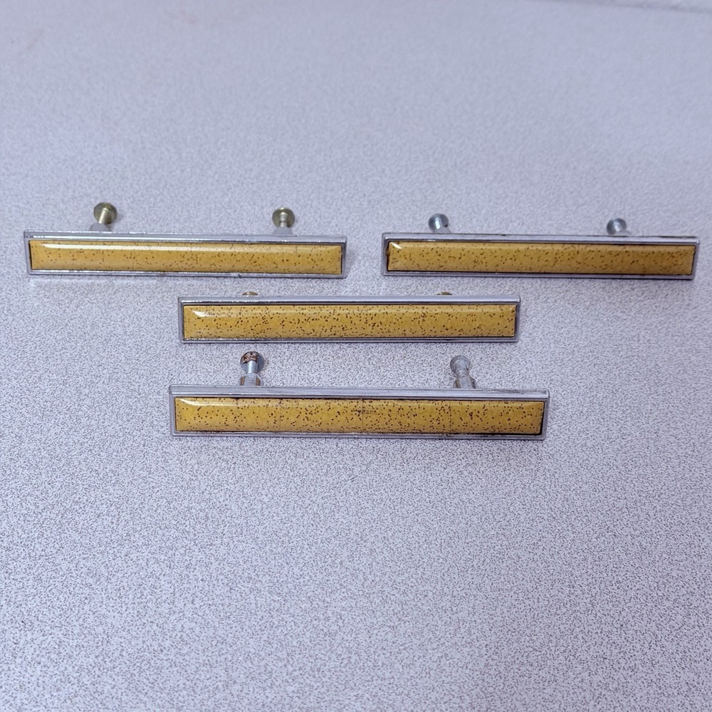 VTG Keeler Brass KBC Lot 4 Mustard Yellow Speckled Chrome Drawer Pulls 5" USA